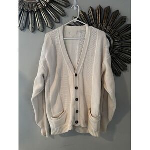 Vintage Ivory Cotton Chunky Knit Button Front Cardigan Sweater Made in USA